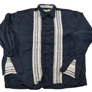 MAXINI Black 100% Linen Long Sleeve Button Up Shirt Striped French Cuff Mens XL
